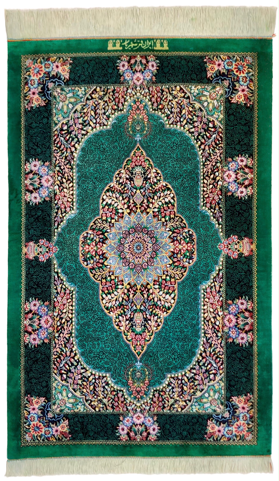 ペルシャ絨毯本物100%シルク手織り玄関マット、タペストリー有名なサイン有り